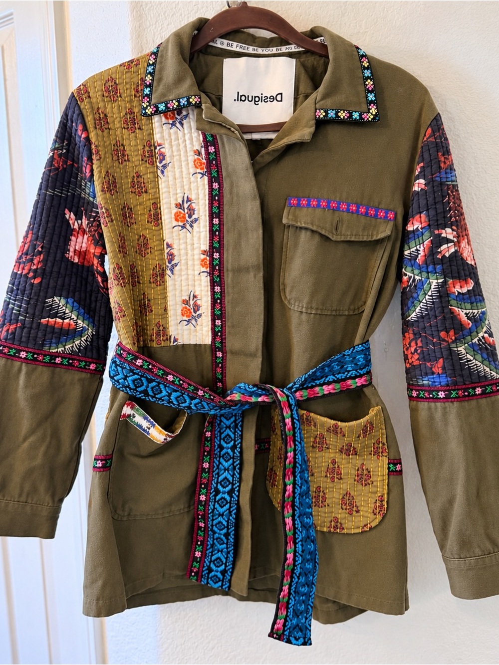 Desigual Olive Green Patchwork Utility Jacket with Multicolor Embroidered Belt